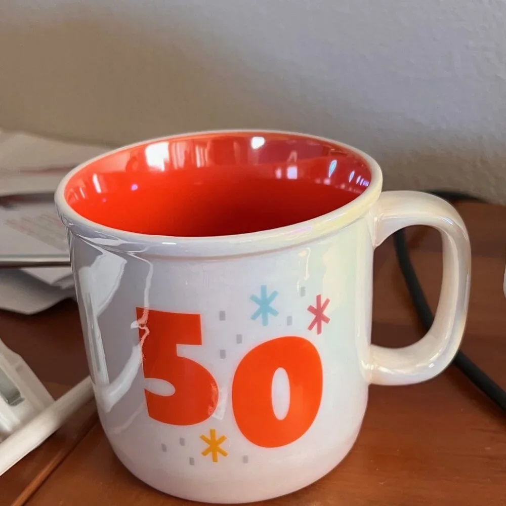 Hallmark 50th Retro Birthday Mug, Pearlescent White and Orange, Coffee Mug